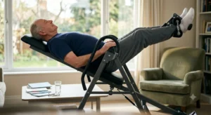 A senior man uses an inversion table at a gentle, partial angle in his living room to relieve sciatica pain through spinal decompression.