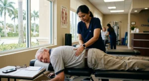A female chiropractor in blue scrubs performs a manual spinal adjustment on an older male patient lying on a treatment table in a bright, modern clinic.