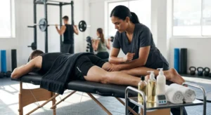 A sports massage therapist uses deep tissue techniques on the hamstring muscles of an athlete lying on a massage table inside a gym.