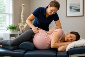 Prenatal chiropractic care in Palm Beach Gardens showing a specialized pregnancy adjustment with the Webster technique at Chiropractic Culture