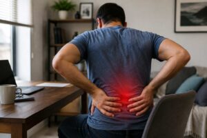 Man sitting at a desk holding his lower back in pain, highlighting non-surgical sciatica and lower back pain relief in North Palm Beach at Chiropractic Culture