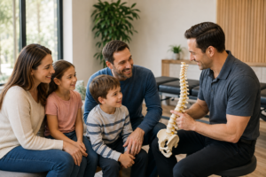Family consulting with a chiropractor at Chiropractic Culture in North Palm Beach, learning about spine health and wellness care from a model spine model